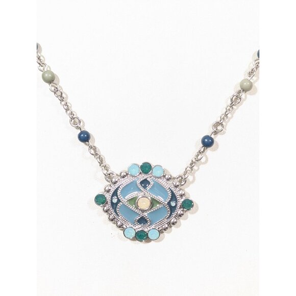 Lia Sophia Stained Glass Green Enamel Silver Tone Necklace Boho Tribal 22 in - Picture 1 of 9